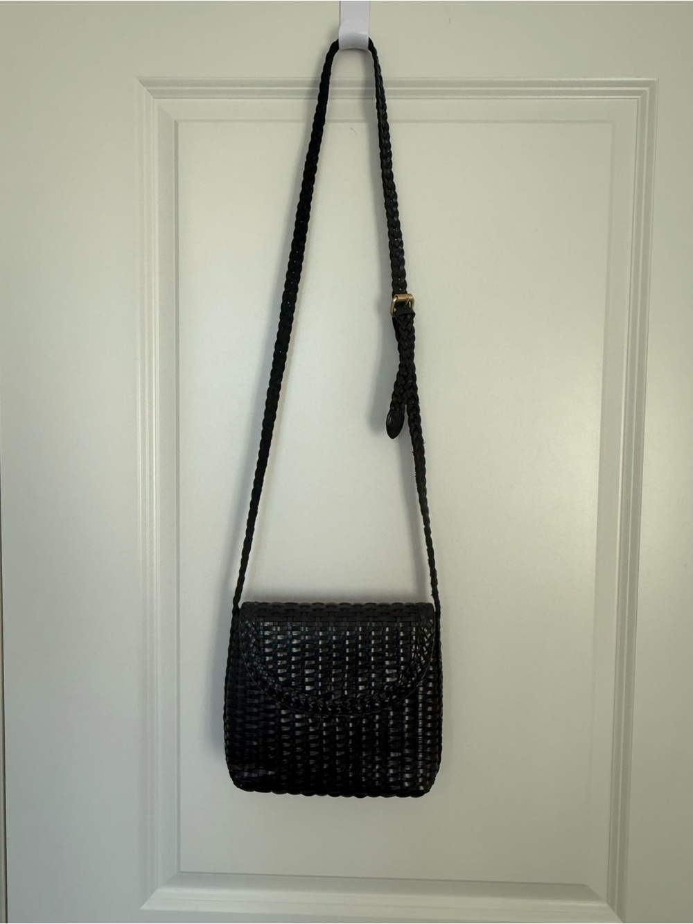Vintage Black Woven Leather Crossbody Bag with Braided Strap